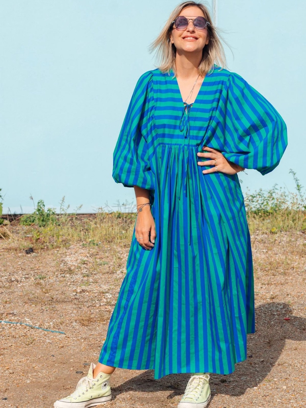 She Street Blue and Green Stripe Balloon-Sleeve Maxi Dress SZ XL/L Brand New